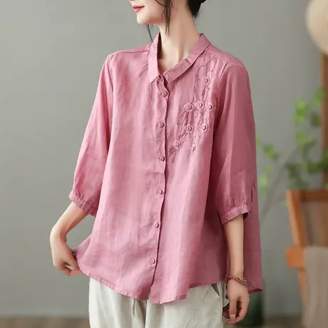 dza 复古苎麻女士衬衫2023夏季薄款纯色衬衣气质漂亮棉麻开衫上衣图片