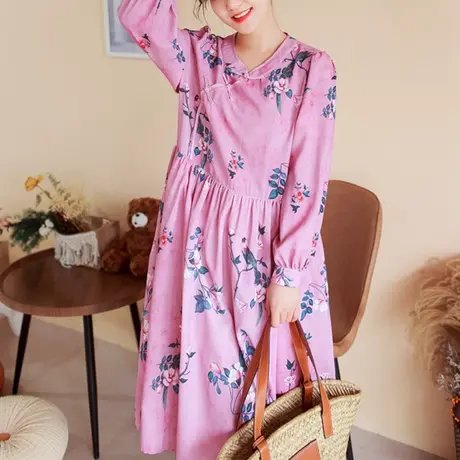 胖妹妹秋季2023新中式手工盘扣旗袍裙 大码微胖复古旗袍连衣裙商品大图