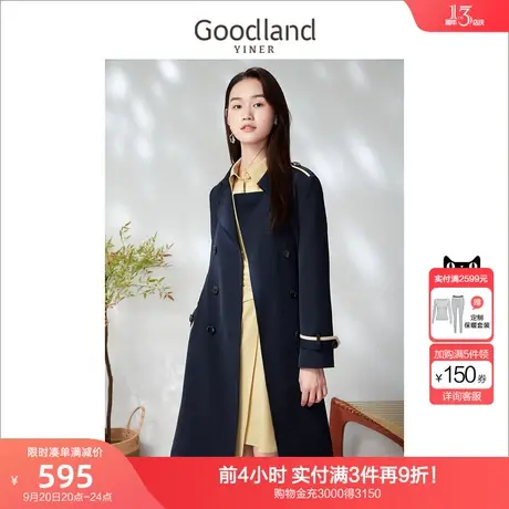 音儿美地女装2023春季新款撞色拼接长款双排扣风衣高级感商品大图