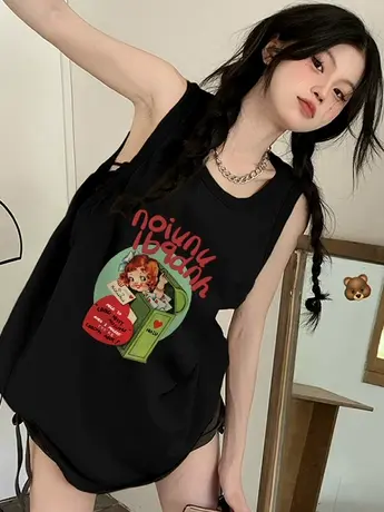 美式复古纯棉吊带坎肩背心无袖t恤女夏季设计感小众外穿港风上衣图片