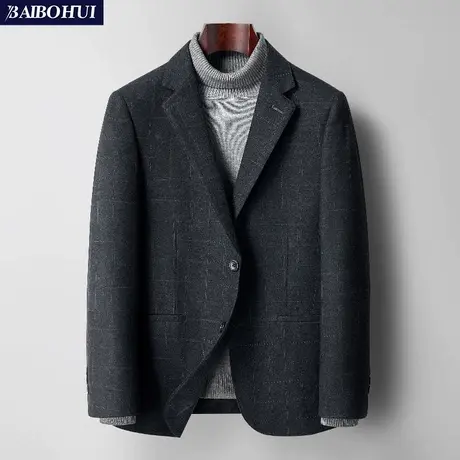 灰色格子西服春秋季新款商务休闲男士西装外套免烫修身小西服上衣图片