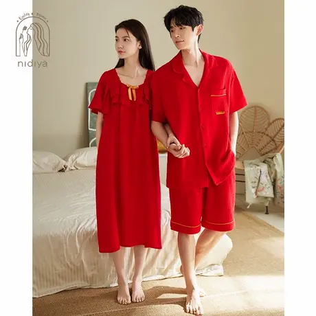 妮狄娅情侣睡衣女夏季纯棉睡裙结婚红色男时尚开衫喜庆家居服套装商品大图