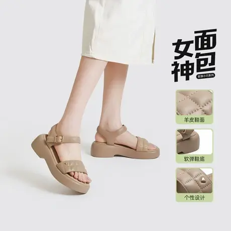 千百度真羊皮厚底凉鞋女春夏一字带踩屎感舒适百搭松糕女士凉鞋图片