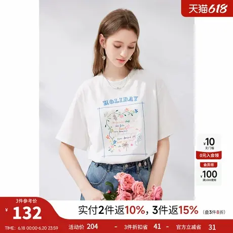 秋水伊人宽松直筒休闲印花T恤2025年夏季新款女装小圆领百搭上衣图片