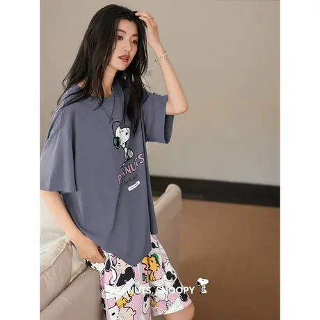贝妍夏季纯棉睡衣女士可爱史努比圆领短袖家居服薄款少女休闲套装商品大图