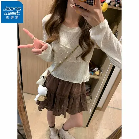 NR真维斯女装修身显瘦长袖t恤2025春夏新款薄款蕾丝拼接短款上衣商品大图