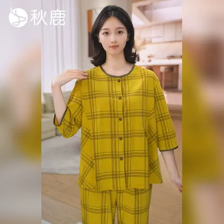 秋鹿【直播专享】纯棉格子睡衣女夏季新款圆领七分袖九分裤家居服商品大图