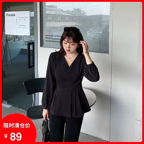 2023年秋新款V领百褶宽松休闲显瘦胖MM上衣女磨毛衫黑色套头打底商品大图