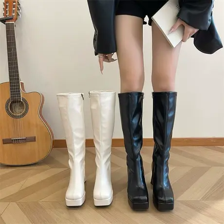 永希长筒靴女2023年春秋季小个子不过膝法式单靴粗跟高跟时装靴子图片