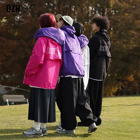 男士春装紫色外套男春秋季休闲上衣潮牌男装2023新款痞帅冲锋衣男商品大图