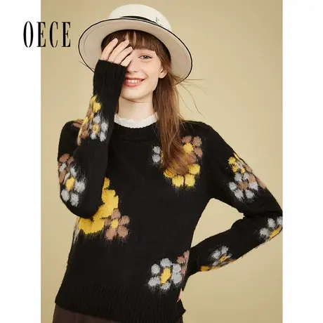 Oece冬季新款女装复古马海毛花纹套头毛衣慵懒风针织衫秋上衣图片