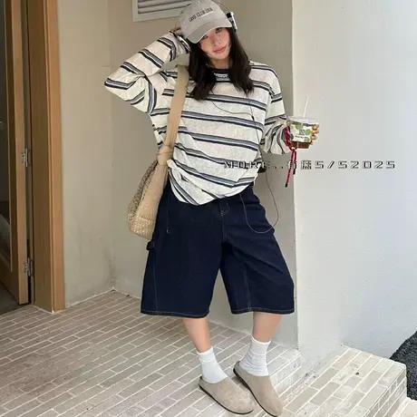 2025秋季新款More.有熊韩系圆领条纹宽松休闲防晒长袖T恤上衣女商品大图