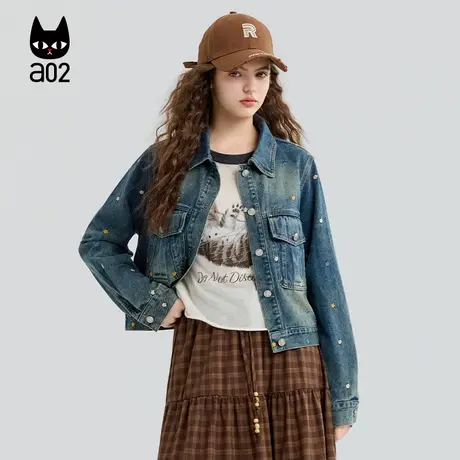 a02宽松牛仔外套女2025新款秋季翻领设计感丹宁上衣通勤穿搭商品大图