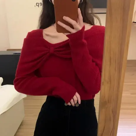 小心机蝴蝶结毛衣针织内搭打底衫女早秋季氛围感穿搭韩系修身上衣商品大图