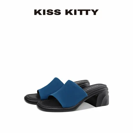 KISSKITTY2025秋季新款蓝色粗跟羊反绒休闲拖鞋增高外穿凉拖鞋女图片