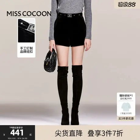 可可尼cocoon黑色短裤女2025春季新款丝绒休闲裤宽松裤子慵懒女裤商品大图