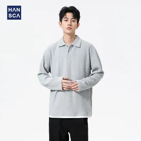hansca秋季针织长袖POLO衫男士2025新款提花条纹宽松撞色拼接上衣商品大图