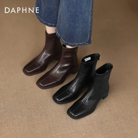 达芙妮粗跟短靴女2026新款冬季美拉德方头马丁靴复古加绒瘦瘦靴子商品大图
