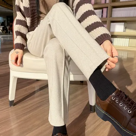 休闲哈伦毛呢裤女2023冬季新款高腰显瘦加厚外穿萝卜烟管直筒裤子图片