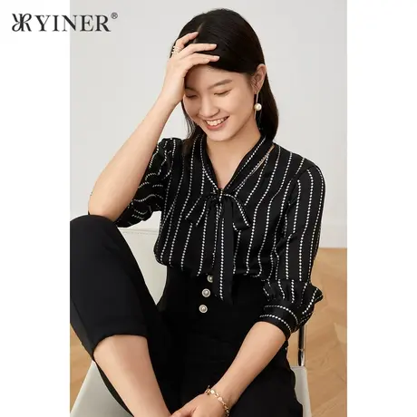 YINER音儿女装2021秋季新款五分袖显瘦条纹衬衫商品大图