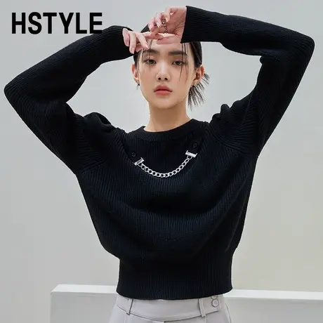 韩都衣舍休闲百搭显瘦毛衣2023秋季女装圆领潮酷街头上衣DM0099商品大图