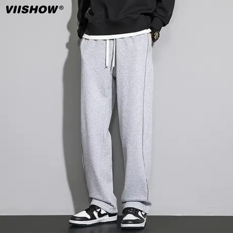 VIISHOW休闲裤子男秋季条纹加绒加厚潮牌美式宽松阔腿直筒卫裤男商品大图