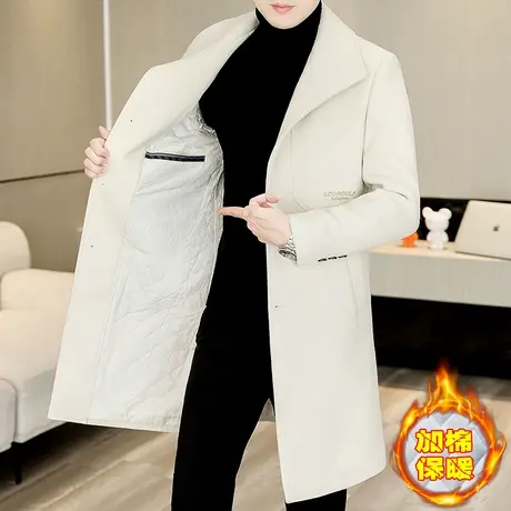 毛呢大衣男士秋冬季加厚风衣英伦翻领男装中长款夹棉呢子外套过膝图片