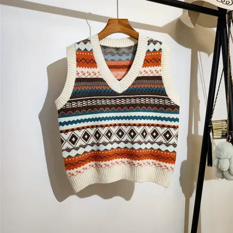 民族风条纹针织马甲背心女秋冬2023新款宽松v领叠穿无袖毛衣坎肩商品大图