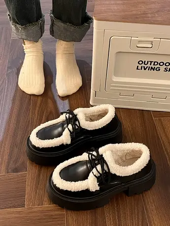 英伦风系带小皮鞋女2023秋冬新款日系jk单鞋保暖羊羔毛厚底乐福鞋图片