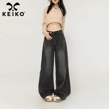 KEIKO [加绒]烟灰色直筒牛仔裤2023秋冬加厚高腰显瘦宽松阔腿裤子图片