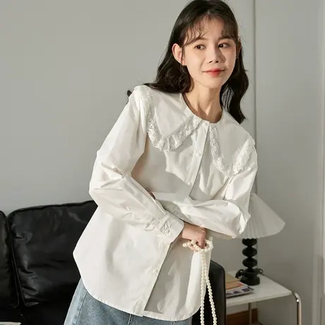 唐狮白色长袖衬衫女士春秋娃娃领甜美衬衫衣服设计感小众法式上衣商品大图