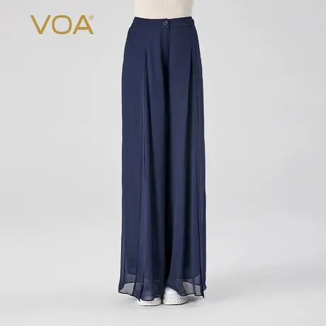 VOA桑蚕丝乔其纱藏蓝色自然腰活页装饰宽松口袋双层真丝直筒裤女商品大图