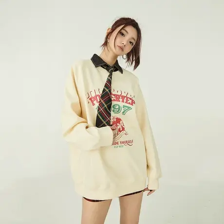 YEP春季复古草莓印花圆领卫衣女春秋薄款2023新款宽松慵懒风上衣商品大图