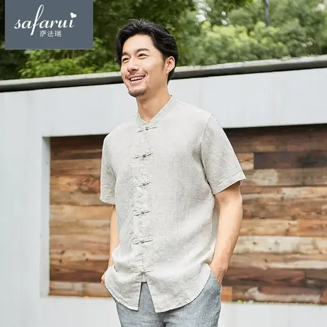 亚麻衬衫男短袖中国风夏季薄款男士棉麻衬衣立领盘扣男装上衣商品大图