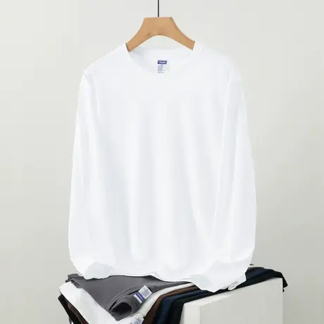 260g美式重磅纯棉t恤男士长袖纯色白色上衣服内搭打底衫全棉秋衣商品大图