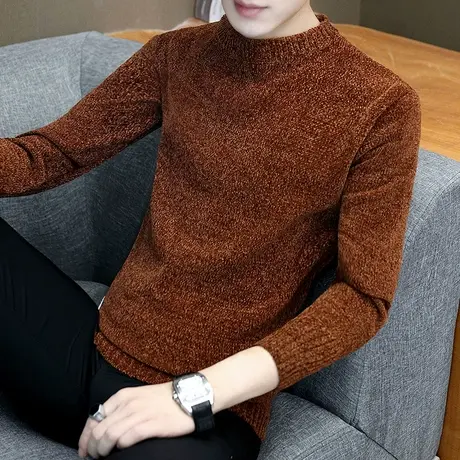 男士秋冬季圆领线衣加绒加厚雪尼尔毛衣韩版潮流个性针织衫男长袖商品大图