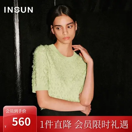 恩裳COVER2023秋季新款羊毛混纺手工剪毛双层工艺圆领针织衫短袖商品大图