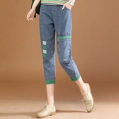 韩潮袭人松紧腰宽松牛仔七分裤女2024夏新款休闲修身小脚哈伦裤薄图片