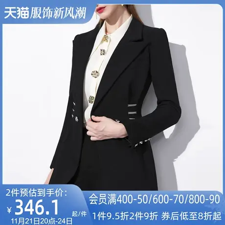 AUI黑色气质双排扣职业西装外套女2024秋新款高级感修身长袖西服商品大图