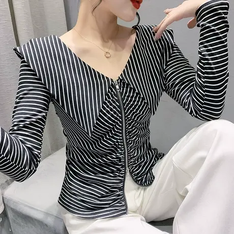双拉链条纹开衫上衣女2024春秋新款海军领气质T恤长袖收腰打底衫图片