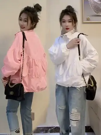 欧洲站宽松褶皱立领拉链纯色短外套女2023年春季洋气百搭上衣开衫商品大图