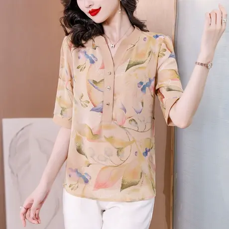 夏季女士雪纺衬衫2023年新款V领宽松遮肚中袖气质妈妈高级感衬衣商品大图