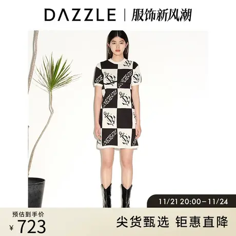 DAZZLE地素奥莱夏季小众设计感棋盘格印花针织短袖连衣裙女图片