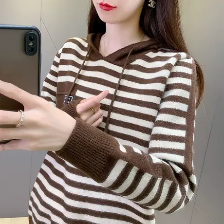 高级感洋气连帽拼色条纹针织打底衫女装上衣秋冬新品宽松百搭毛衣商品大图