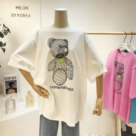 2021夏季新款韩国东大门ins水钻小熊中长款半袖T恤宽松大码欧货图片