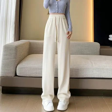 白色窄版阔腿裤女春秋2023年新款高腰垂感宽松慵懒直筒休闲针织裤商品大图