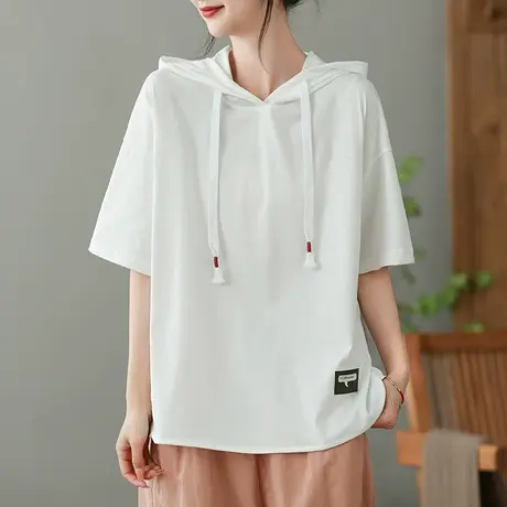 dza白色连帽短袖T恤女2023夏季全棉打底体恤宽松显瘦外搭套头上衣商品大图