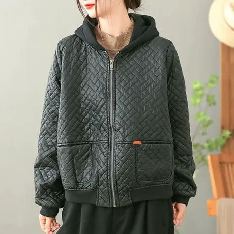 dza 复古拼接连帽菱格棉服外套女冬加厚保暖棉袄上衣宽松休闲棉衣图片