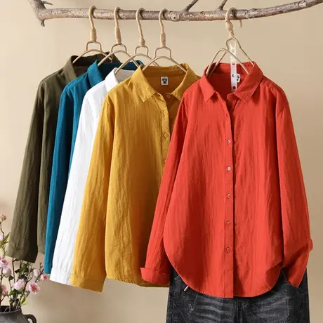 2023年春秋装纯棉双层棉纱文艺衬衫女长袖韩范棉麻女士白衬衣职业图片