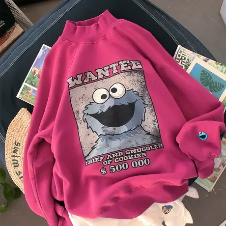 卫衣女春秋薄款2022新款韩版宽松卡通印花芝麻街刺绣半高领上衣服图片